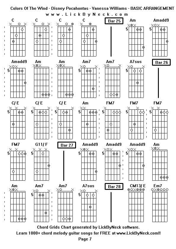 Chord Grids Chart of chord melody fingerstyle guitar song-Colors Of The Wind - Disney Pocahontas - Vanessa Williams - BASIC ARRANGEMENT,generated by LickByNeck software.